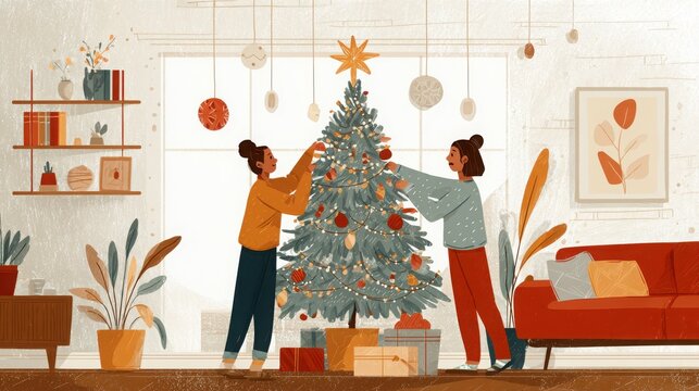 Two friends decorating a christmas tree inside a cozy modern living room during the holidays