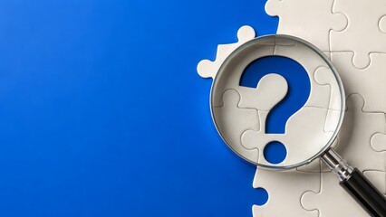 Fototapeta na wymiar Magnifying glass over a white jigsaw puzzle with a question mark on a blue background representing problem solving