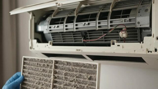 A close-up of a person wearing blue gloves removing a heavily dust-clogged air conditioner filter.