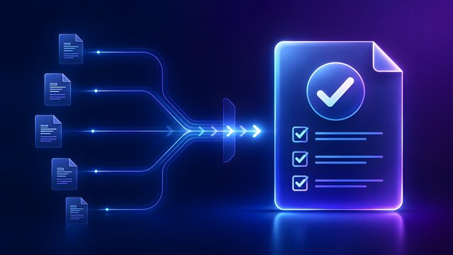 Five digital files merging through glowing data streams into a single verified electronic document with checkmark
