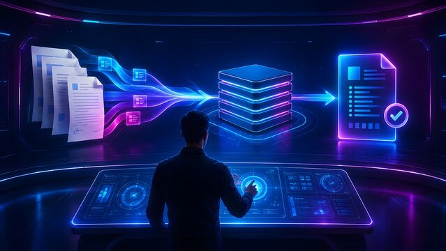 Administrator working at a futuristic command interface managing the digital transformation of paper documents into a verified secure server database