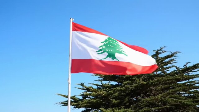Lebanon flag waving on flagpole against clear blue sky and trees