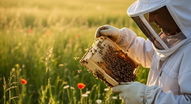 Beekeeper carefully inspecting honeycomb frames in a sunlit meadow filled with wildflowers