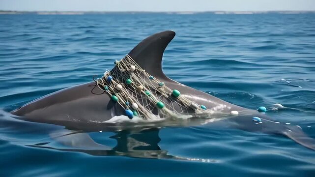 A lone dolphin swimming in the ocean while entangled in discarded fishing nets and plastic debris.