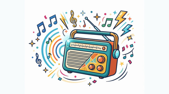 Vintage Radio with Musical Notes and Sound Waves Illustration.