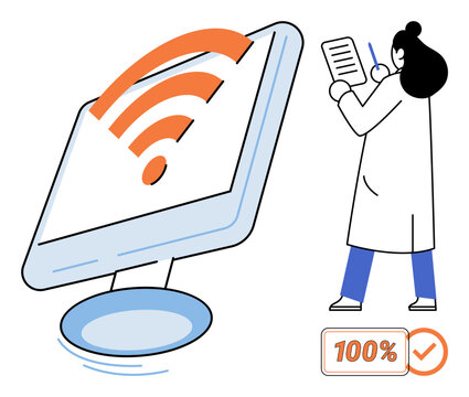 Doctor writing on a clipboard next to a computer screen with a wireless symbol vector illustration. Healthcare, digital connection, remote medicine, online diagnosis, technology, telehealth