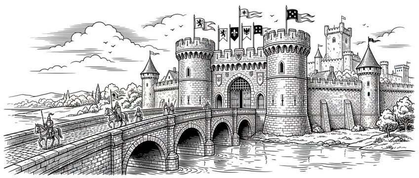 Medieval stone castle with bridge and knights on horseback