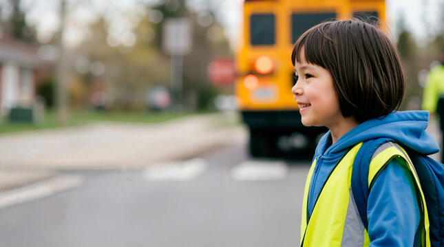 Smiling asian child wearing a yellow safety vest and backpack waiting for the school bus. Young student boarding transportation in a residential neighborhood. Copy space for text