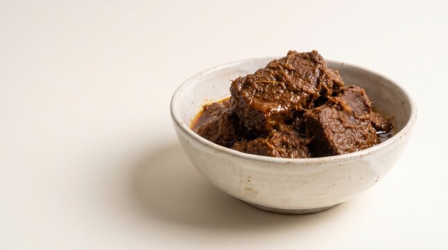 Authentic Indonesian rendang with tender beef and rich spice sauce isolated on white, designed for restaurant menus, culinary advertising, tourism campaigns and food publications.