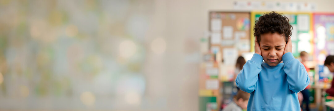Young boy covering his ears with his hands in a classroom. Stressed student experiencing sensory overload from loud noise. Wide banner with blurred copy space on the left for text