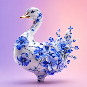 Decorative porcelain duck with blue floral design on gradient background  