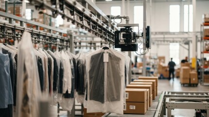 Naklejka premium AI fashion logistics in a pristine warehouse with rfid gates, machine-vision cameras, garment rails, and sorted shipping cartons
