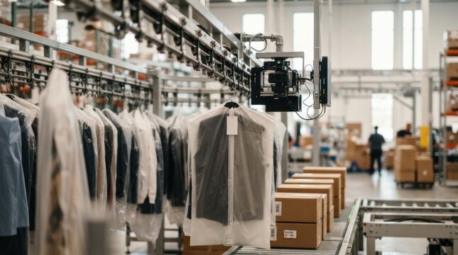AI fashion logistics in a pristine warehouse with rfid gates, machine-vision cameras, garment rails, and sorted shipping cartons