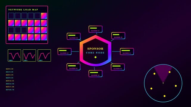 A digital sponsorship banner glows with vibrant neon colors across a dark interface featuring dynamic loading bars and round radar screens tracking multiple moving data points