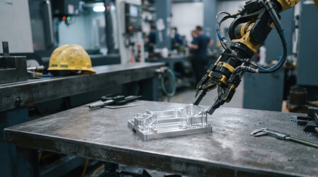 Advanced manufacturing strategy in Canada with CNC aluminum part, robot gripper, safety helmet, calipers, and steel workbench.