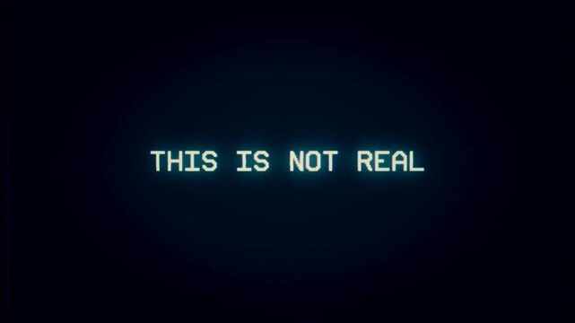 Retro text on dark screen displays messages like CONNECTION COMPROMISED, THIS IS NOT REAL, IDENTITY NOT VERIFIED. Creates a sense of paranoia, insecurity and surveillance.
