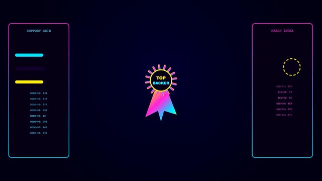 A vibrant sponsorship banner displays digital progress charts and abstract badge icons arranged horizontally across a dark screen interface used for tracking various community project metrics