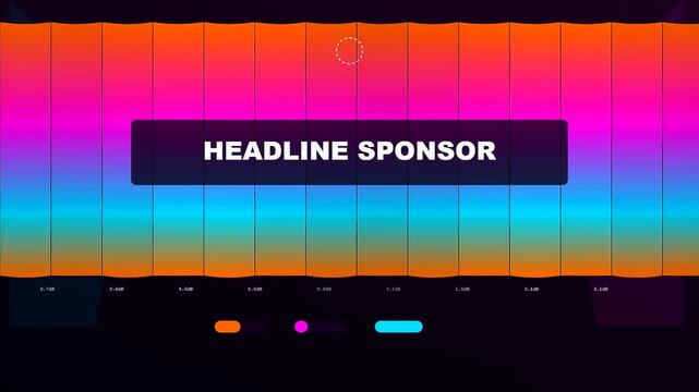 A vibrant sponsorship banner displays flowing gradient colors shifting between magenta and cyan tones as the digital screen interface cycles through various interactive graphical elements slowly