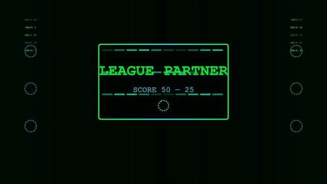 A digital sponsorship banner glows with green electronic typography featuring varying score numbers across three separate interface display windows on a dark muted obsidian setting