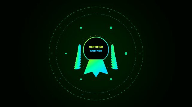 A digital sponsorship banner glows with vibrant neon radiance centered on a dark canvas while rotating circular elements spin fluidly around the glowing certified partner emblem