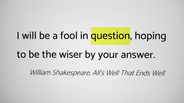 Real LCD screen capture: highlighting the word Question in a William Shakespeare quote (public domain text).
