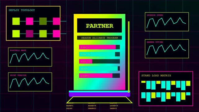 A sponsorship banner design featuring digital data visualization interface with dynamic line graphs and bar charts displayed on a glowing neon screen for business analytics tracking