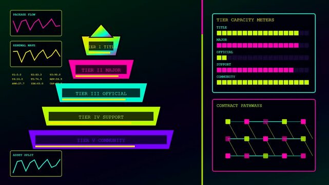 Neon pyramid graphs depicting a sponsorship banner are animated across three panels showing shifting data metrics and digital pathway diagrams in a vibrant dark environment