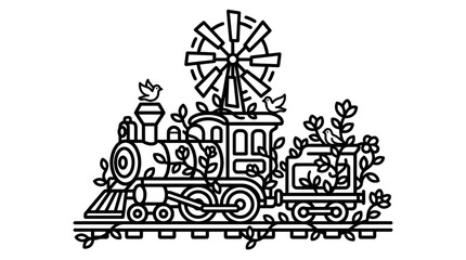 Naklejka premium Whimsical Train with Windmill and Birds, Line Art Illustration