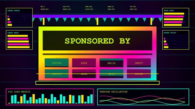 A vibrant sponsorship banner displayed on a digital interface featuring data visualizations bar charts and glowing neon lines captured in a synchronized motion graphics sequence