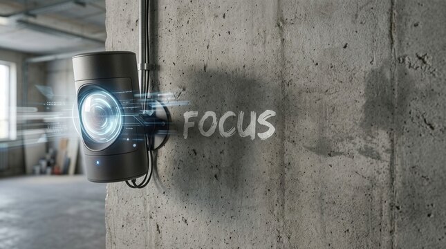 Modern black smart security camera mounted on a concrete wall with electrical conduit, featuring a glowing digital lens interface and the word FOCUS projected onto the industrial surface.