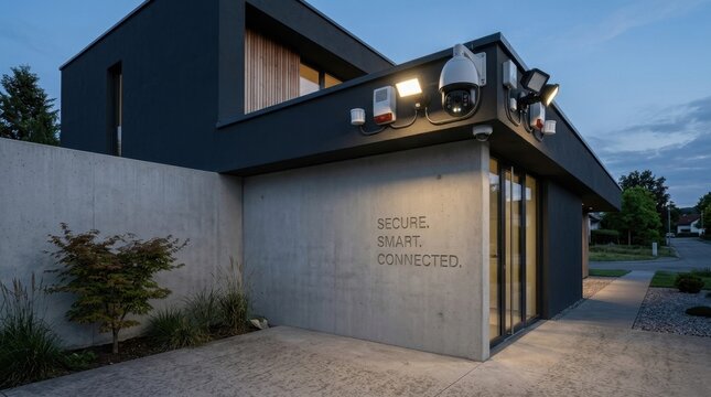 Modern dark architectural facade at dusk featuring a comprehensive security system with PTZ cameras, LED floodlights, and motion sensors near a concrete wall with engraved text.