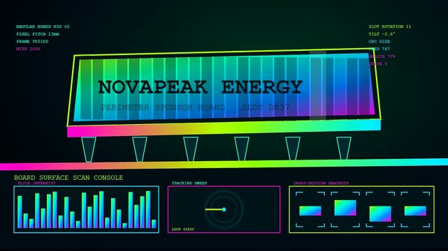 A digital sponsorship banner glows with vibrant neon gradients while dynamic data monitors track panel performance across a complex interface display for monitoring global network operations
