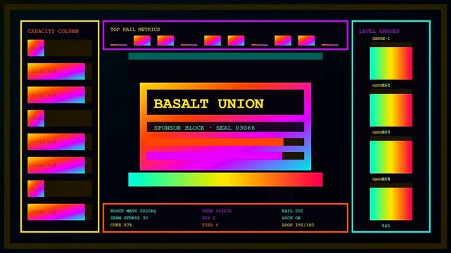 A vibrant sponsorship banner displays digital telemetry metrics within an animated interface featuring flickering bars and color gradient blocks shown across three distinct frame sequence captures