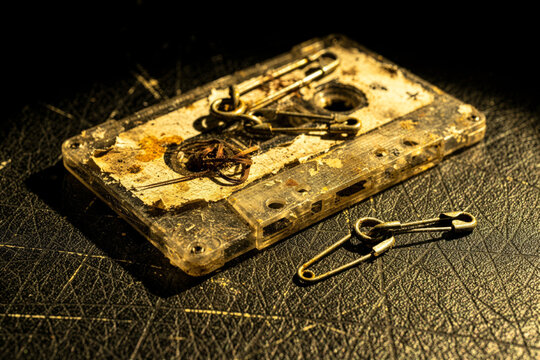 Old Damaged Cassette Tape with Safety Pins on Leather