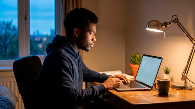 Young man working on laptop at desk in evening light with city view