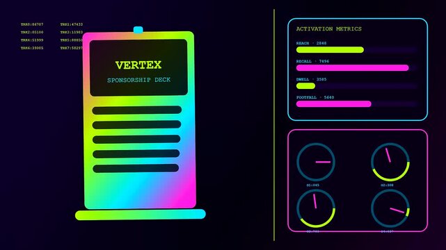 A vibrant sponsorship banner displays digital progress charts and animated data interfaces in this evolving motion graphic loop showcasing metrics on a glowing monitor with neon colors