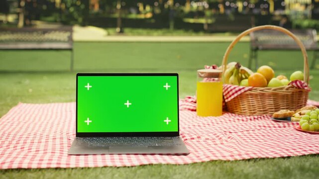 Green screen laptop is placed on picnic blanket in empty city park, picnic basket on grass with fresh fruit, pastries and juice in sunny urban park, with summertime picnic arrangement.