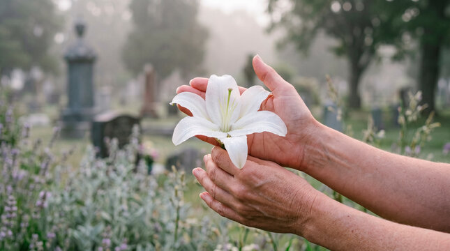 Hands holding a white lily in a misty cemetery.