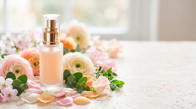 Luxury cosmetic bottle surrounded by delicate pastel flowers and green leaves