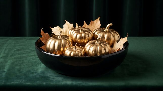 A black bowl filled with decorative metallic gold pumpkins and autumn leaves sitting on a dark green textured fabric background