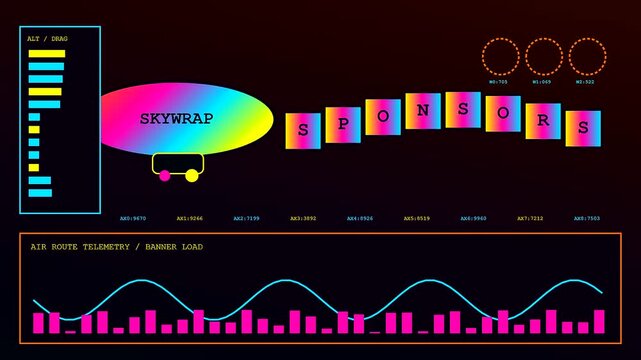 A sponsorship banner display showing digital air route telemetry metrics on a dark interface screen with vibrant colorful circles and glowing graphical wave line charts