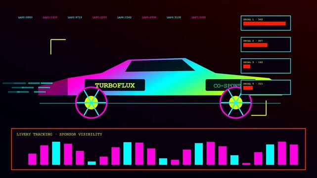 A vibrant sponsorship banner displays moving vehicle performance metrics within a digital interface featuring data visualization bars and glowing neon contours for modern data tracking