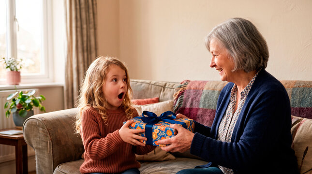 Grandmother gives a surprise gift to her granddaughter who is very excited