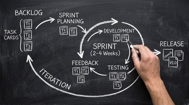 Agile development process diagram drawn on a blackboard. A hand is shown writing on the diagram, illustrating the iterative nature of software development