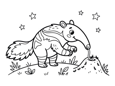 Cute anteater eating ants on grass black and white line art silhouette