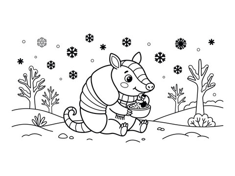 Cute armadillo enjoying winter meal with snowflakes and trees coloring page silhouette