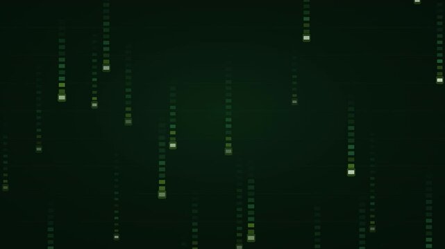 Abstract falling green digital rain with glowing data blocks on dark background