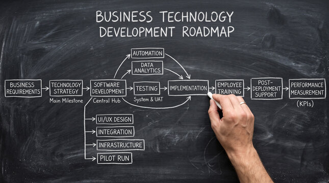 Business Technology Development Roadmap illustrated on a chalkboard with a hand drawing the plan.