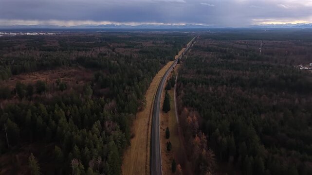 Luftaufnahme einer geraden Eisenbahnlinie im Gruenwalder Forst. Die Gleise ziehen sich durch Wald und Landschaft, waehrend am Horizont die Alpen erscheinen und Wolken ein duesteres Ambiente schaffen