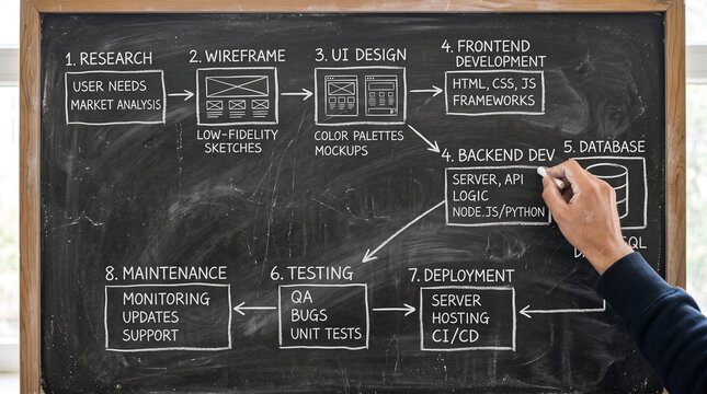 A diagram illustrating the process of web development from research to maintenance, drawn on a blackboard. The steps include research, wireframe, UI design, frontend development, backend development.
